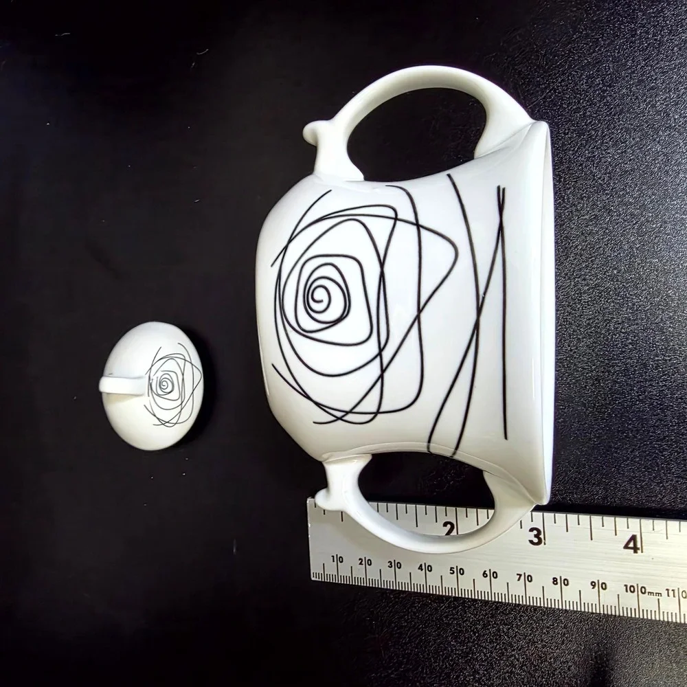 Modern Ceramic Sugar Bowl & Creamer Set White Black Rose Swirl Spiral Art Deco
